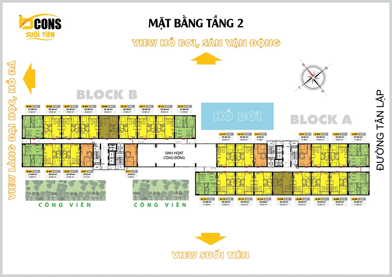 Mặt bằng tầng 2 Bcons Suối Tiên