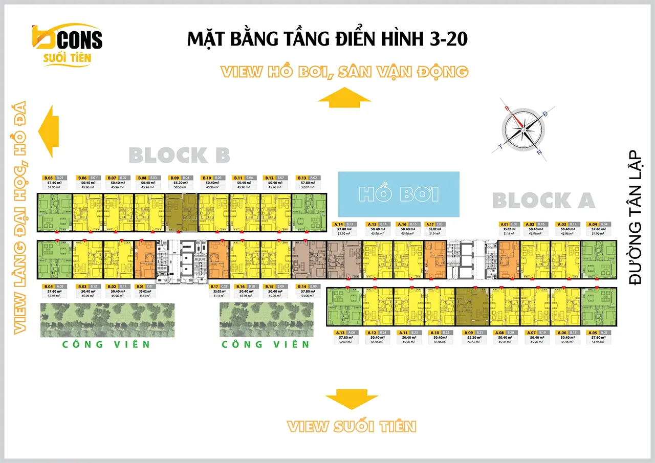 Mặt bằng tầng 3-20 Bcons Suối Tiên