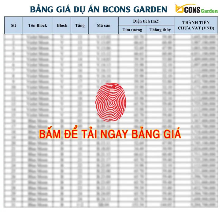 Bảng giá bán dự án Bcons Garden