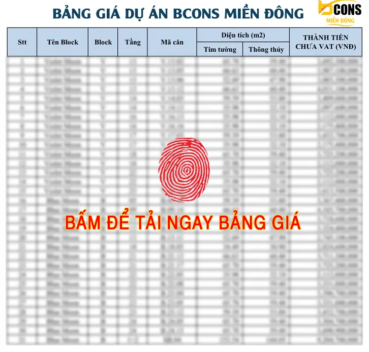 Bảng giá dự án Bcons Miền Đông
