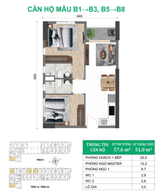 Căn hộ mẫu B1-B3, B5-B8 Bcons Green Diamond