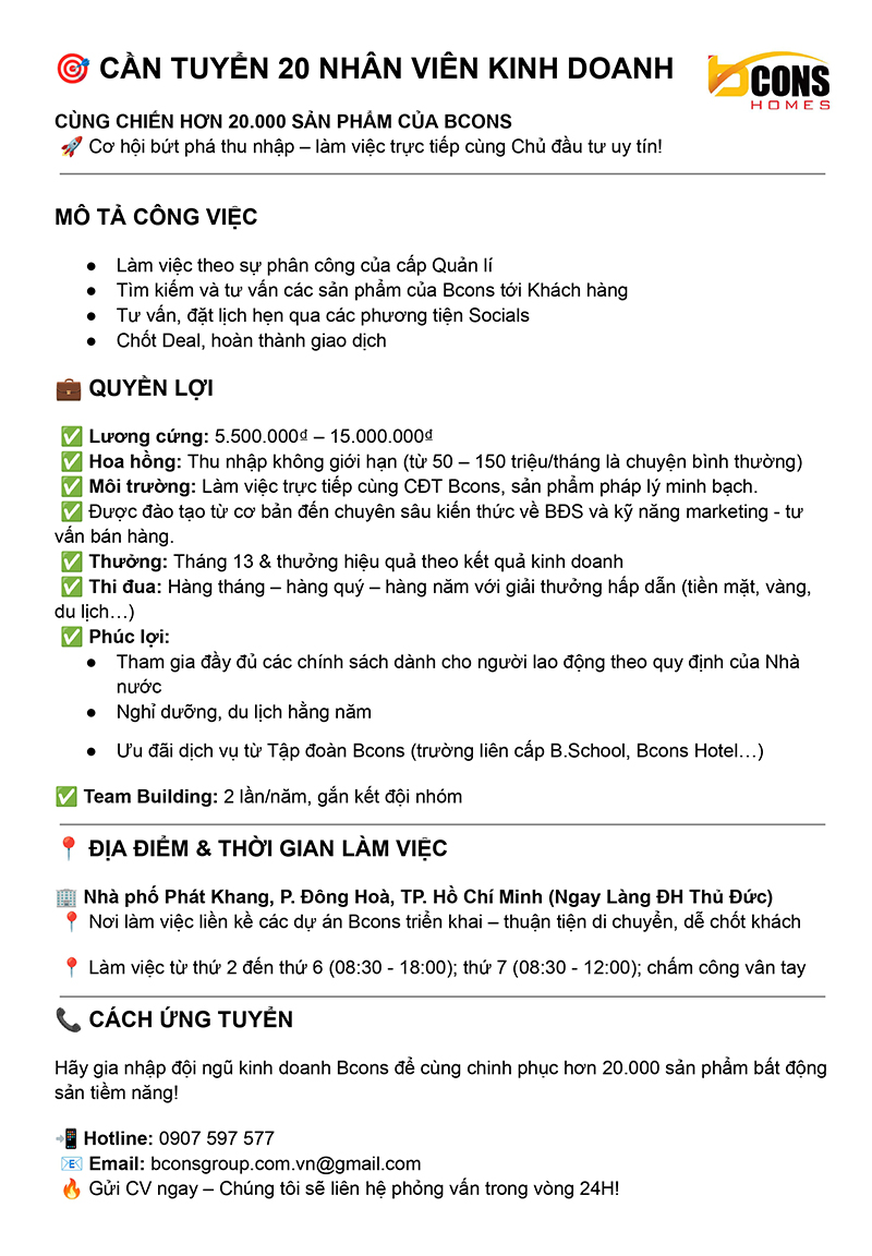 JD TUYỂN DỤNG BCONS HOMES