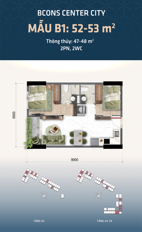 Thiết kế căn hộ Tháp The Gateway Bcons Center City mẫu B1