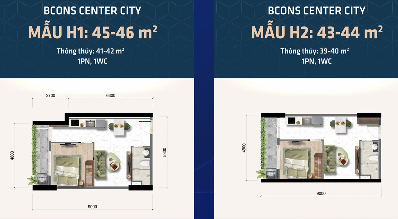 Thiết kế căn 1PN 1WC 43m2 - 46m2 Bcons Center City Tháp The Icon